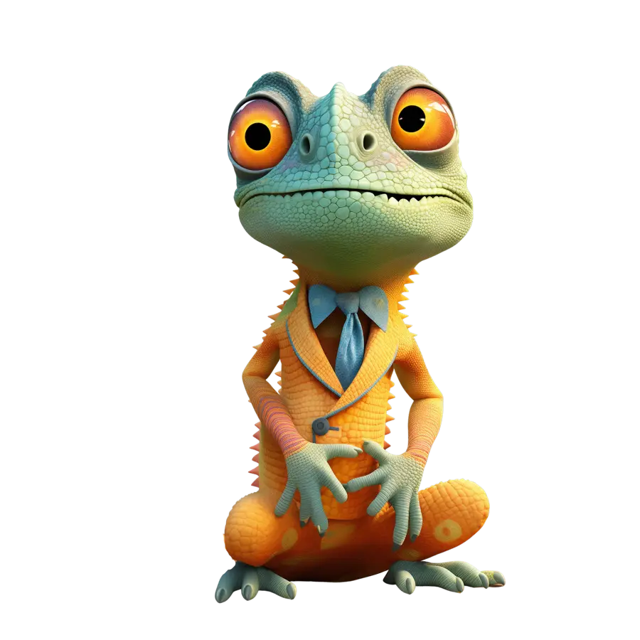 Turuncu takım elbiseli Buchameleon maskotu Buci