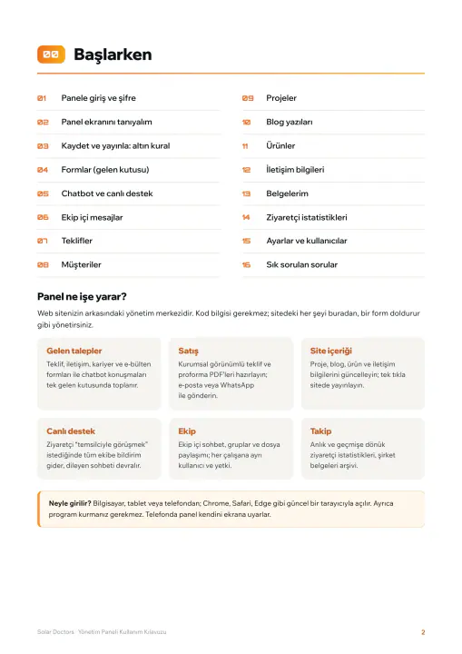 Solar Doctors · Web Sitesi: Yönetim paneli kullanım kılavuzu, sayfa 2