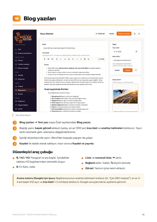 Solar Doctors · Web Sitesi: Yönetim paneli kullanım kılavuzu, sayfa 15