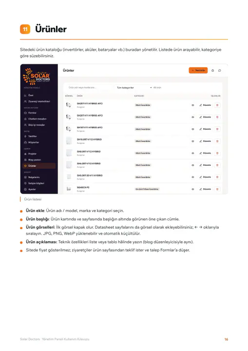 Solar Doctors · Web Sitesi: Yönetim paneli kullanım kılavuzu, sayfa 16