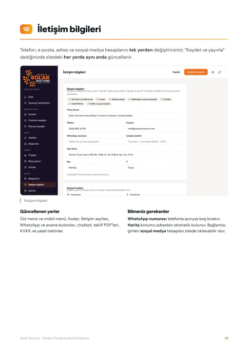Solar Doctors · Web Sitesi: Yönetim paneli kullanım kılavuzu, sayfa 17